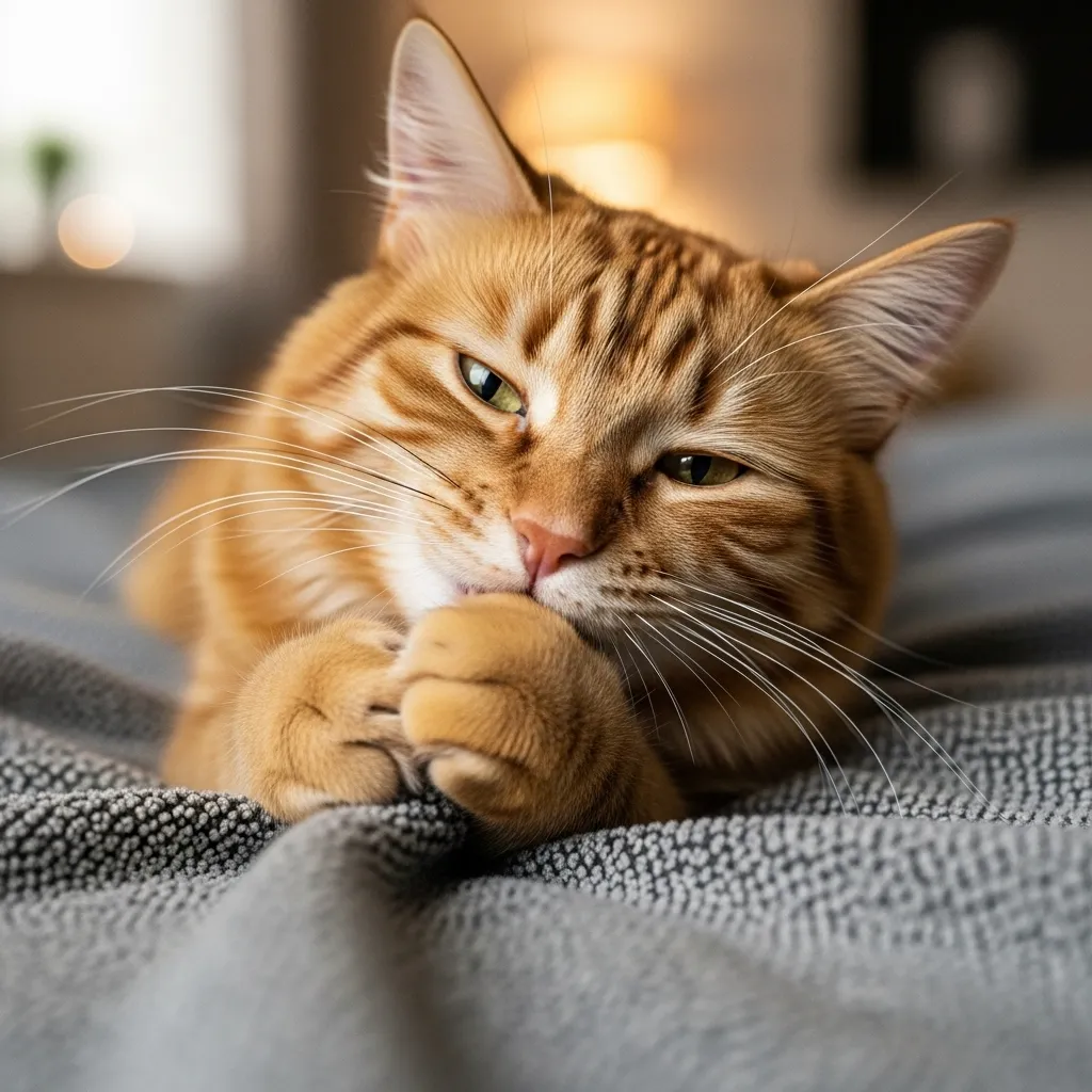 Cat kneading and biting blanket – classic comfort-seeking behavior