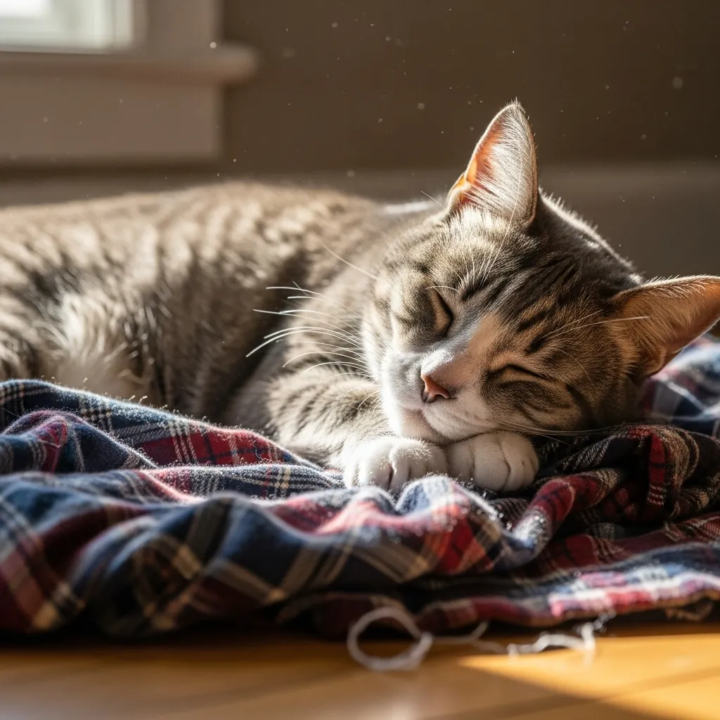  Cat sleeping on late owner’s shirt during grief period