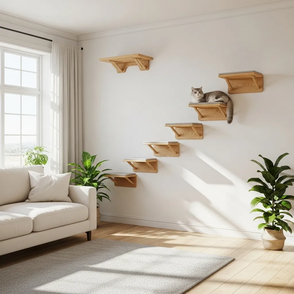 Minimalist cat shelves creating a stylish vertical highway in a modern living room