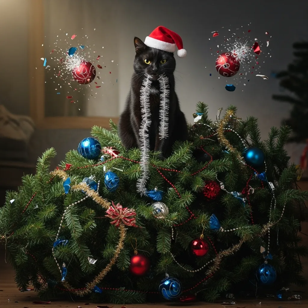 cat Christmas tree meme 2025 – black cat destroys Christmas tree wearing Santa hat

