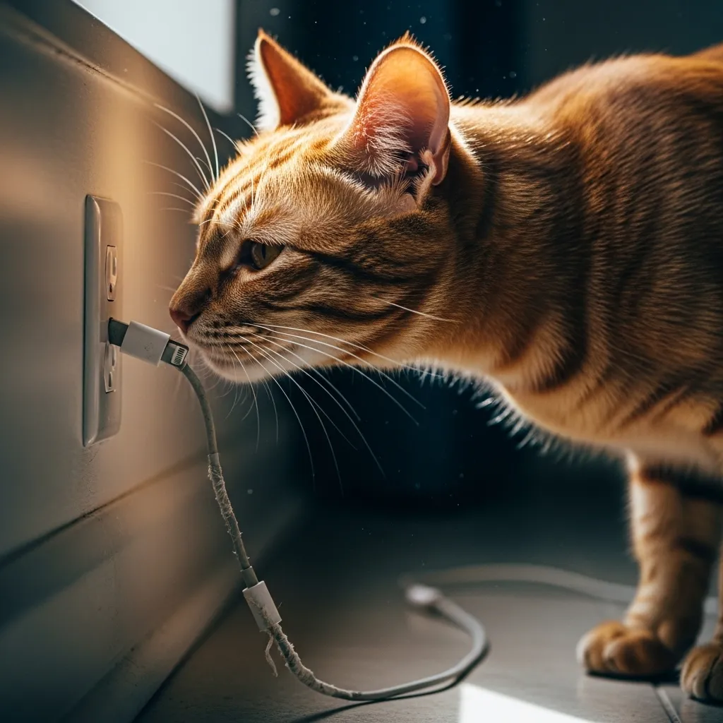 Cat investigating a frayed charging cable – one of the most common invisible cat hazards in homes