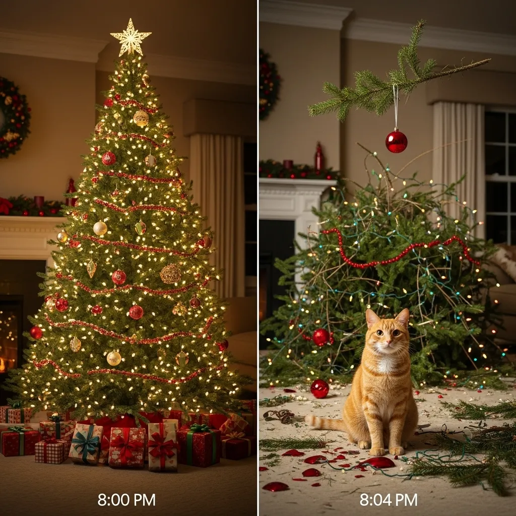 funny cat Christmas tree before vs after 2025 viral meme