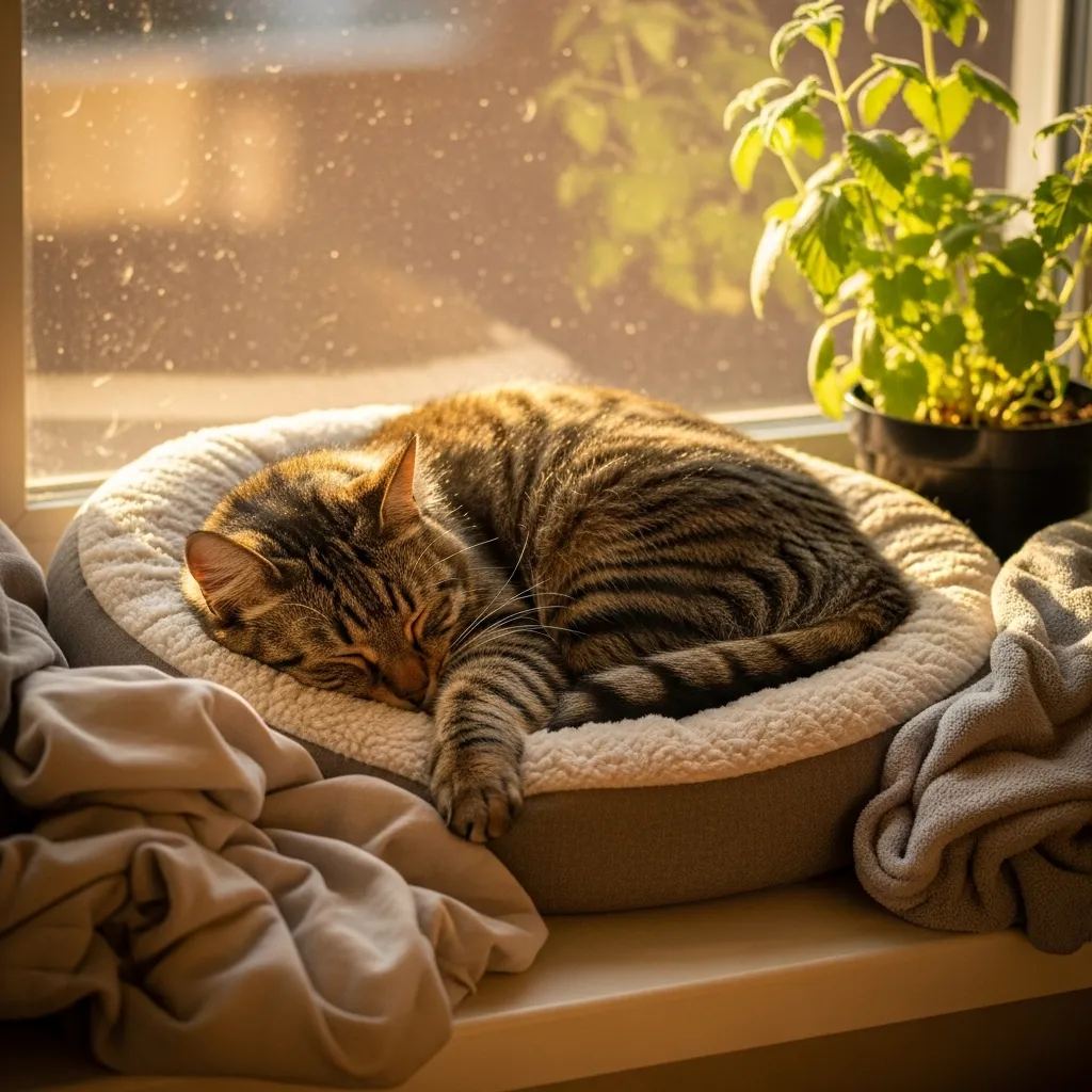 Creating the Perfect Cozy Cat Corner 1 Cozy cat corner example with a happy tabby cat sleeping in a plush donut bed on a sunny windowsill