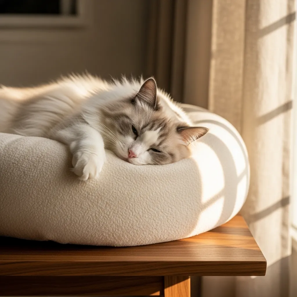 Minimalist orthopedic cat bed with sleeping ragdoll