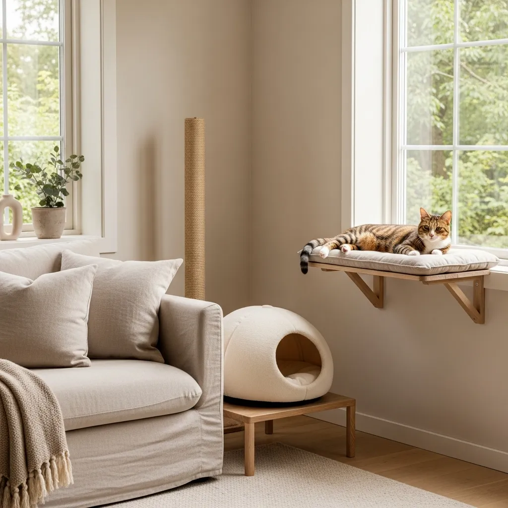 Minimalist cat wardrobe essentials in a calm modern living room