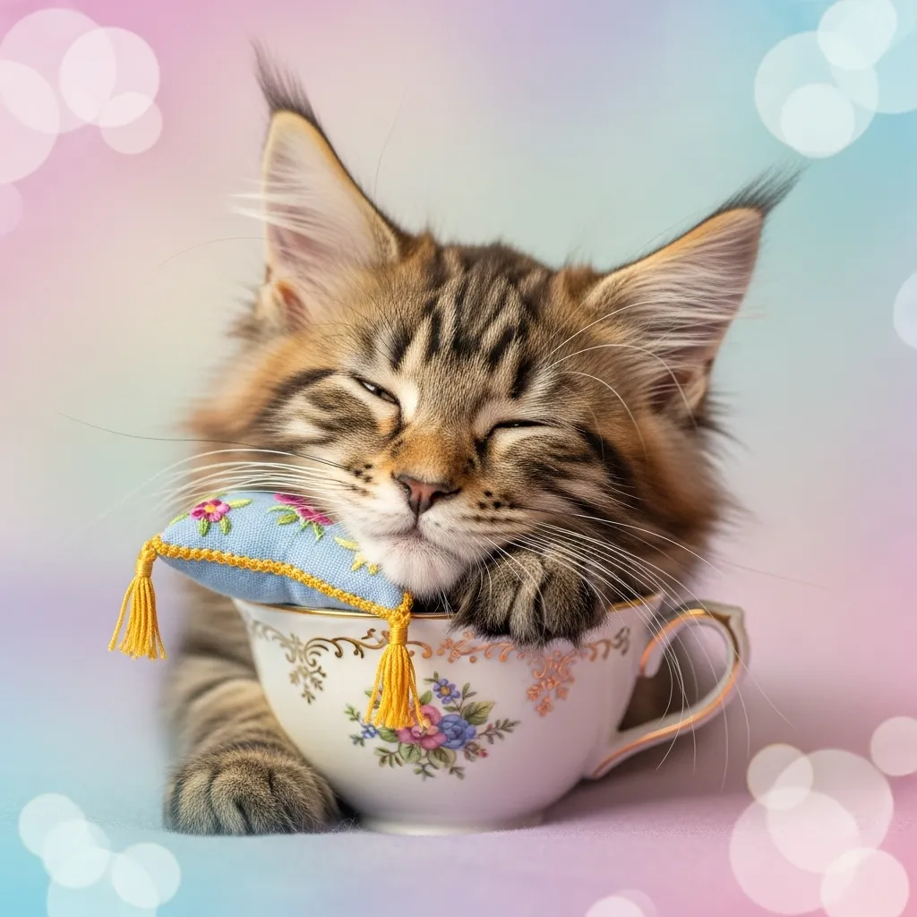 Hilarious sleepy cat meme: Maine Coon napping in teacup – too big, too tired 😸☕