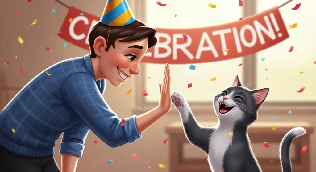 Stress-free cat grooming success – happy cat and owner after session