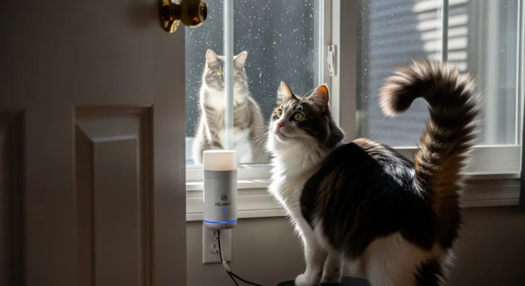 Cat showing redirected aggression toward outdoor cat – use Feliway and block view to prevent scratching