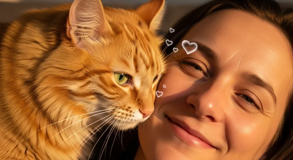 Cat headbutting human face as sign of love and trust