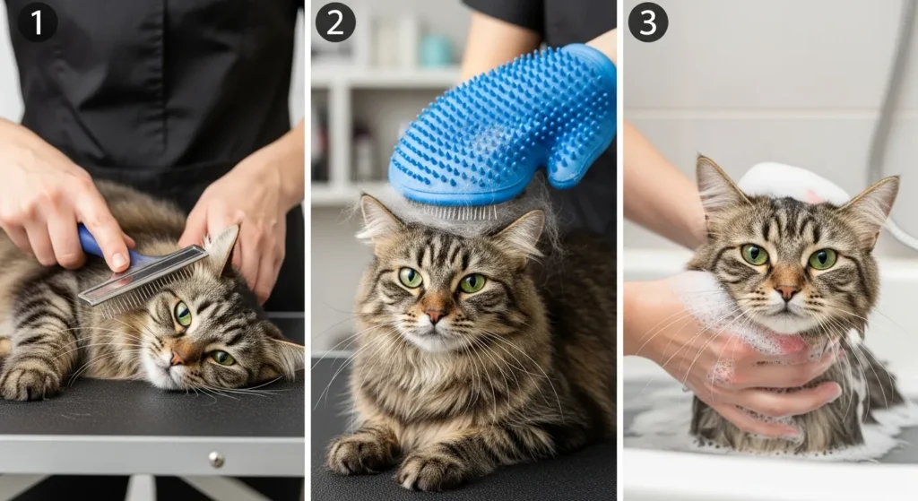 Daily cat grooming routine for soft fur: brushing, mitt, and gentle bath