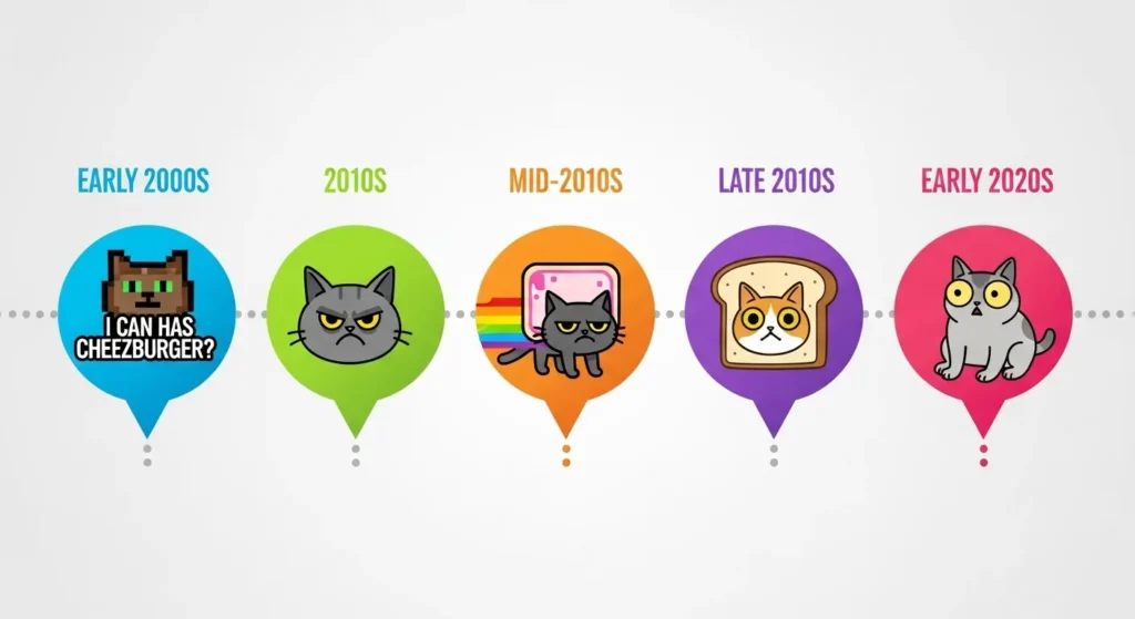 Evolution of cat memes timeline: from LOLcats to 2025 zoom-in cat meme trends