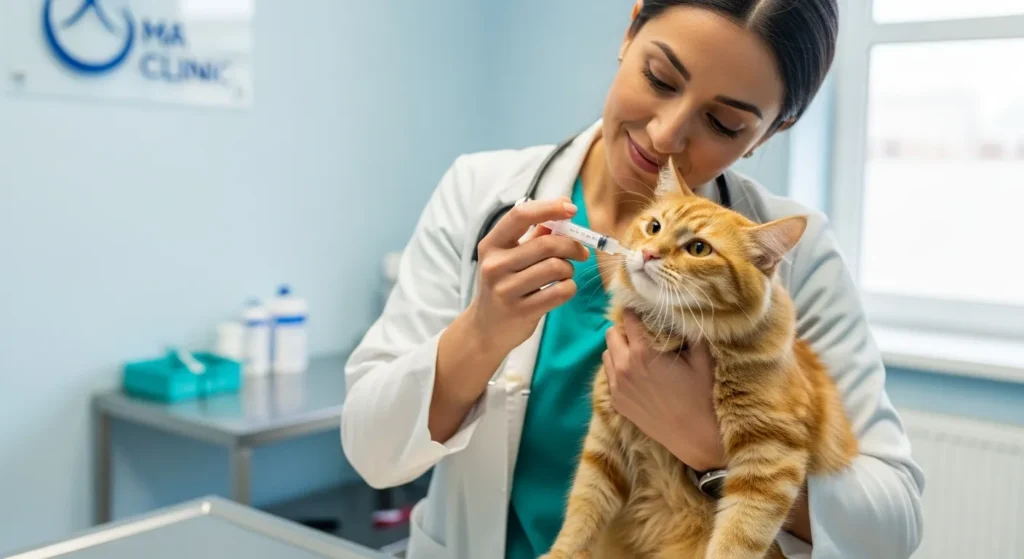 Vet giving anti-nausea medication to cat with gastritis – treatment for cat vomiting white stuff
