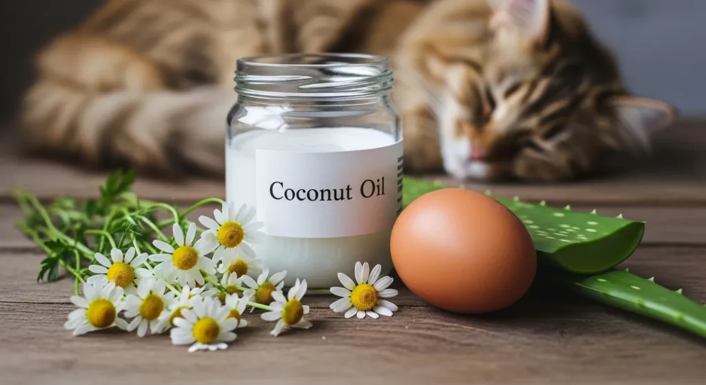DIY natural remedies: coconut oil, egg yolk, and chamomile for soft cat fur