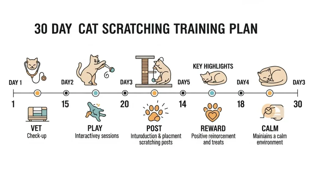 30-day cat scratching behavior training plan infographic – stop cats from scratching in 4 weeks