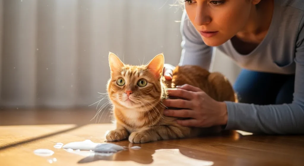 Cat parent discovering white foam vomit on floor – common concern for cat vomiting white foam