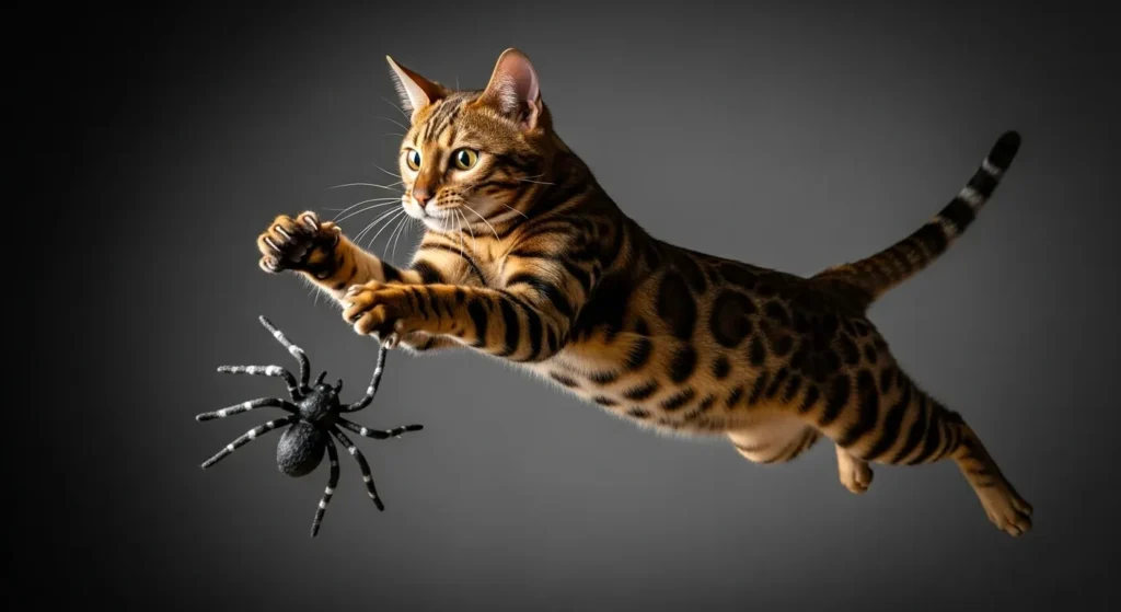 Bengal cat reacting to fake spider – real-life trigger for viral shocked cat face meme
