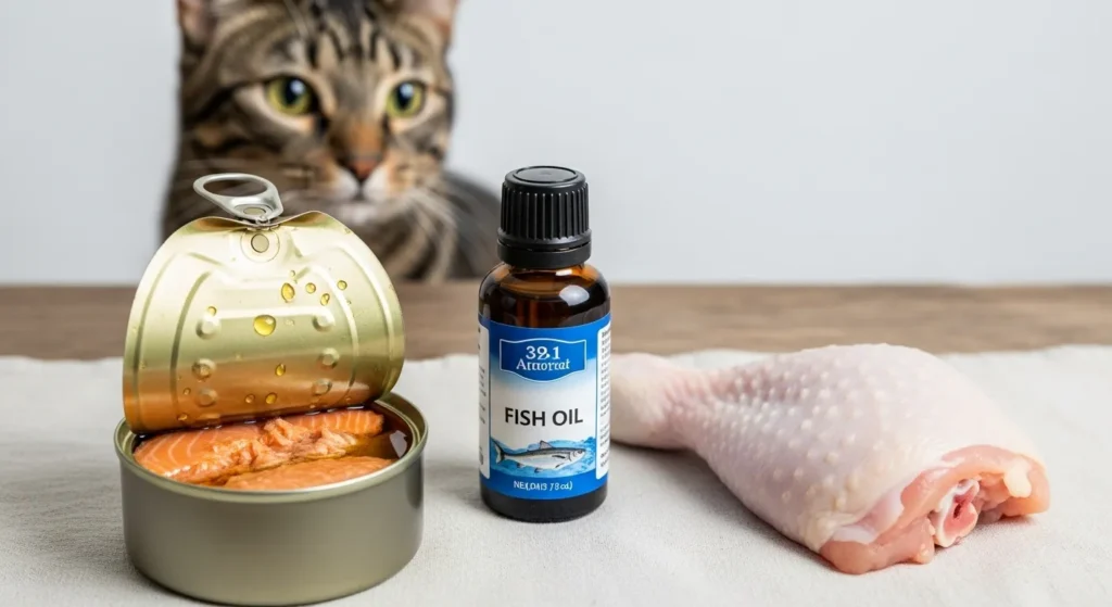 Omega-rich foods like salmon oil and chicken for soft shiny cat fur