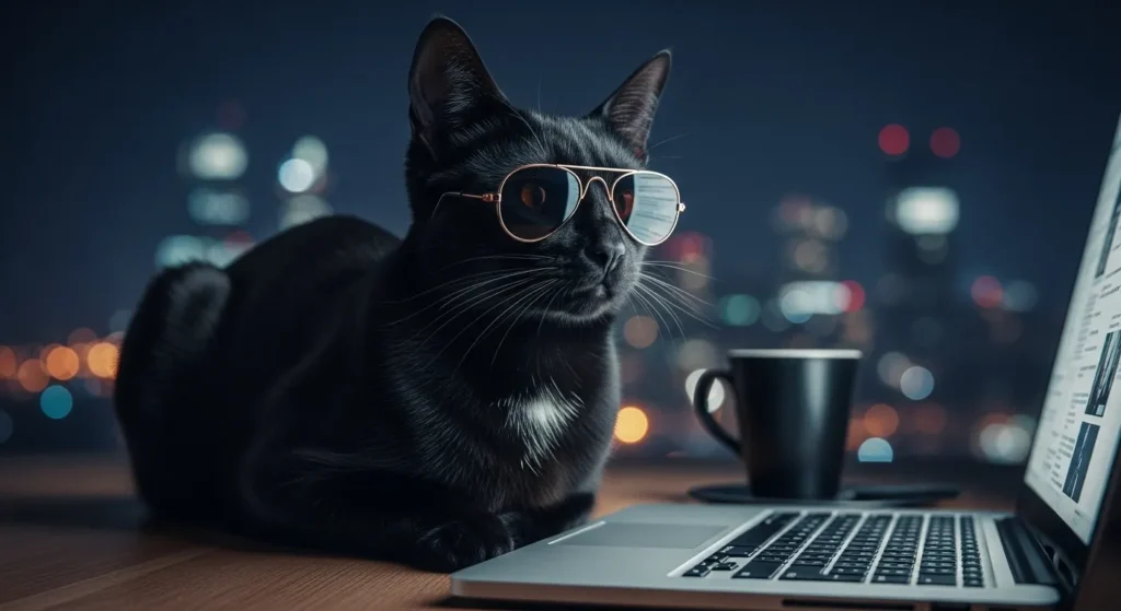 Black cat in sunglasses judging late-night scrolling - perfect funny cat meme 2025 vibe