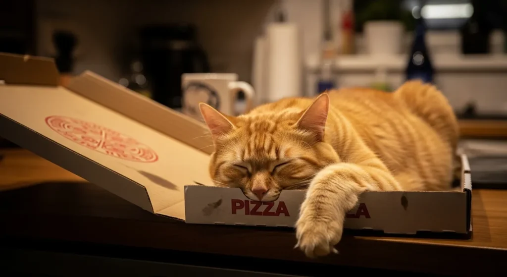 Funny sleepy cat meme: tabby face-plants in pizza box – ultimate Monday mood 😹💤