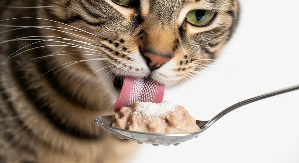 Cat taking probiotic supplement – trending natural remedy for cat vomiting foam in morning
