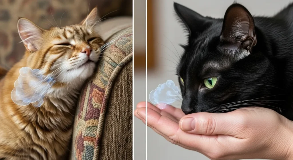 Cat rubbing on furniture and human showing scent marking and affection