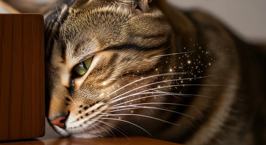 Close-up of cat rubbing face on object showing cheek scent glands in action