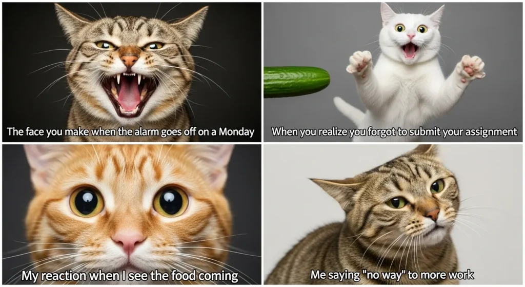 Top 4 viral cat reaction memes 2025: angry cat, shocked cat, zoom-in cat, no way cat – perfect funny cat meme examples