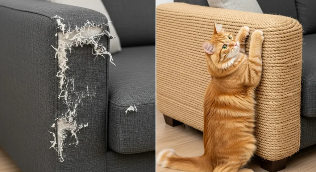DIY cat scratching furniture solution – wrap legs in sisal to save your sofa