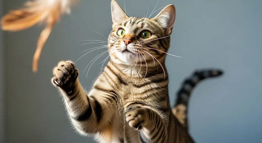 Healthy cat leaping with strong muscles thanks to high protein diet