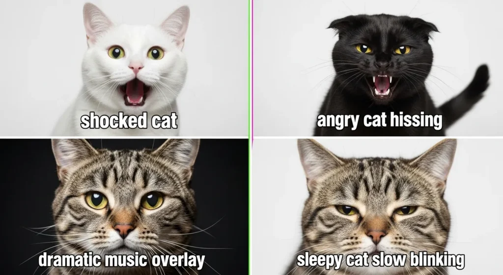 Top 2025 cat reaction memes: shocked, angry, zoom-in, and sleepy cat faces – perfect for funny cat GIFs and viral cat humor
