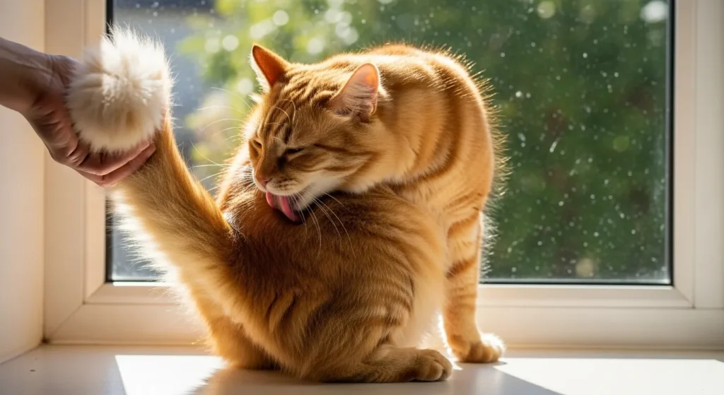 Training cat to self-groom by stimulating instinct