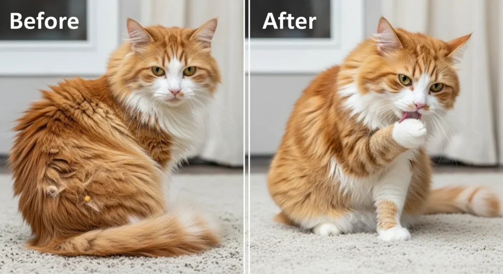 Before and after teaching cat to clean his bum