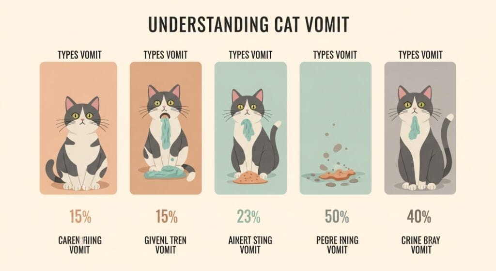 Infographic showing types of cat vomit including white foam – helps identify cat puking white foam causes