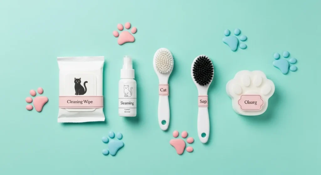 Budget cat hygiene toolkit with wipes, comb, treats