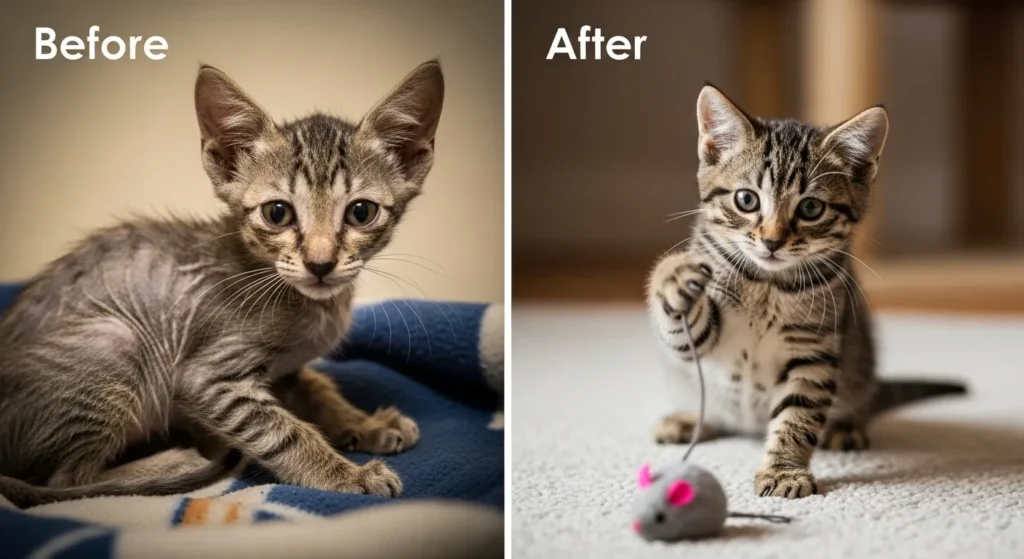 Kitten before and after switching to high protein cat food – growth transformation