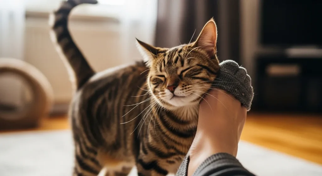 Cat rubbing on human leg showing affection and scent marking behavior