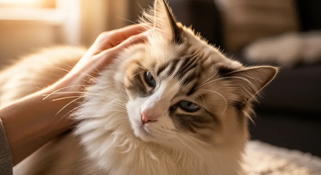 Hand petting ultra-soft Ragdoll cat fur in sunlight – perfect example of soft cat fur texture