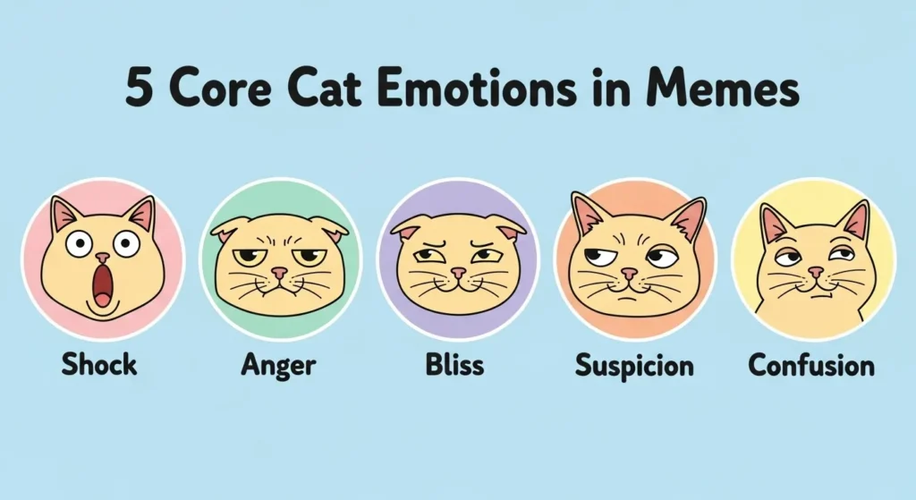 Infographic of 5 key cat facial expressions used in cat reaction memes: shock, anger, bliss, suspicion, confusion