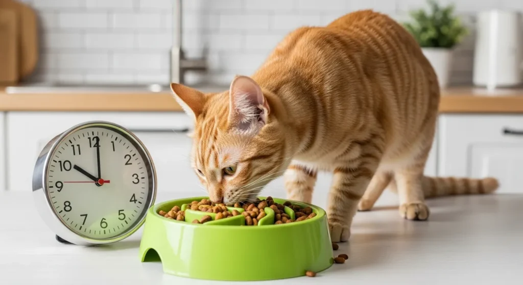 Cat using slow feeder to prevent morning white foam vomit – stops cat vomiting after eating too fast