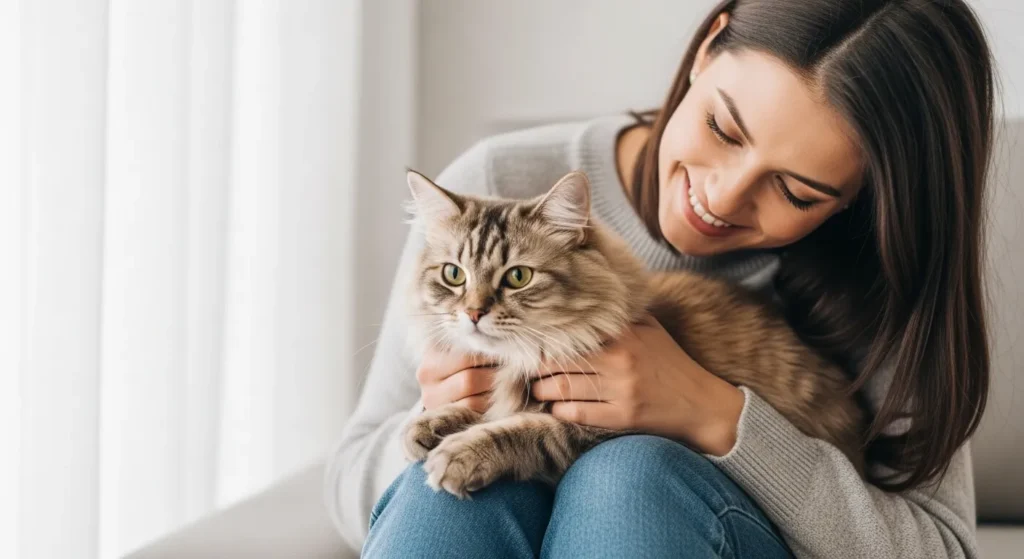 Cat parent enjoying irresistibly soft cat fur after following care tips