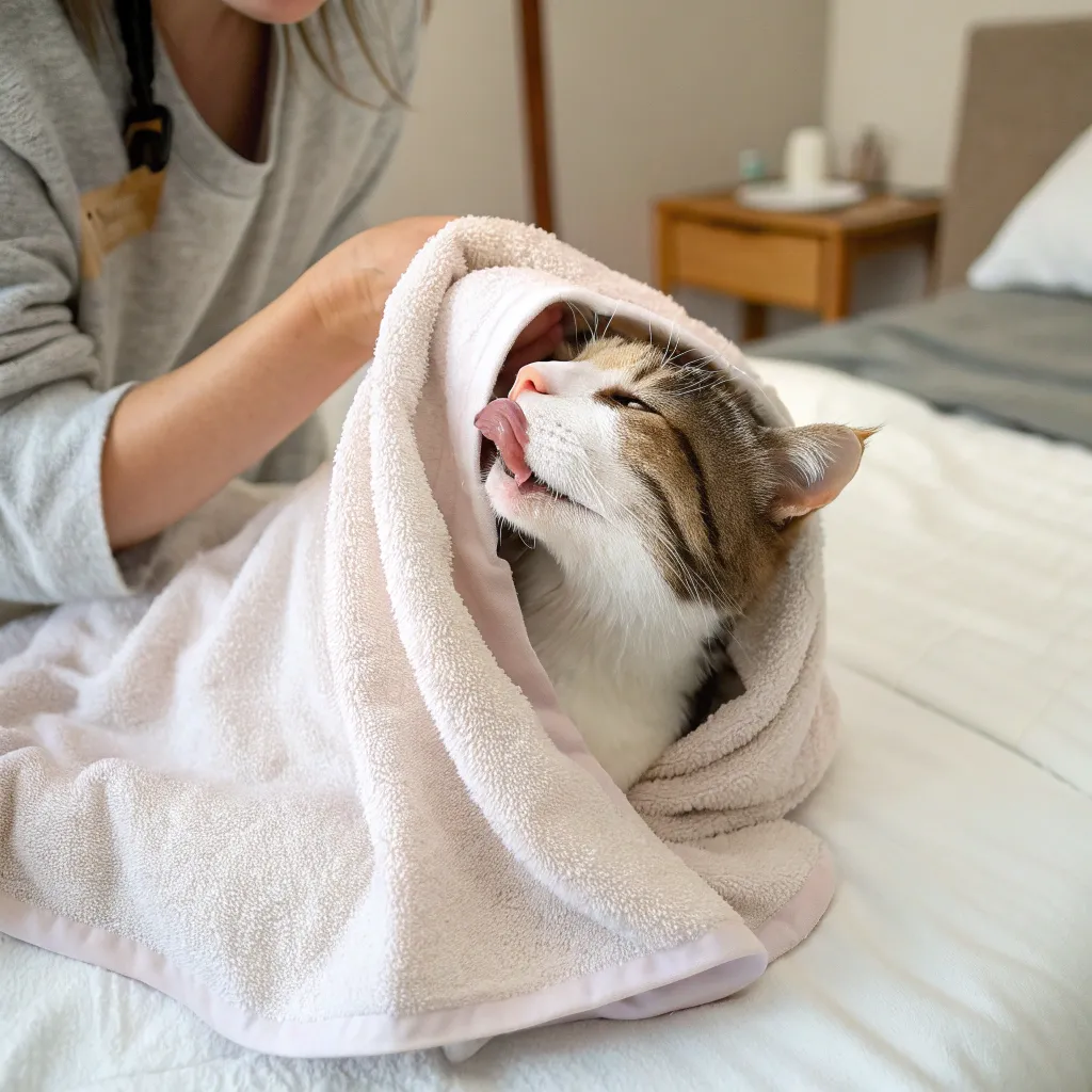 Mastering Cat Insulin Injections 9 cat wrapped in soft towel with head out licking c