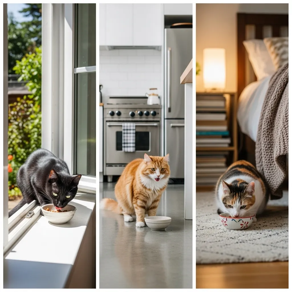 Cats mastering independent eating habits after training