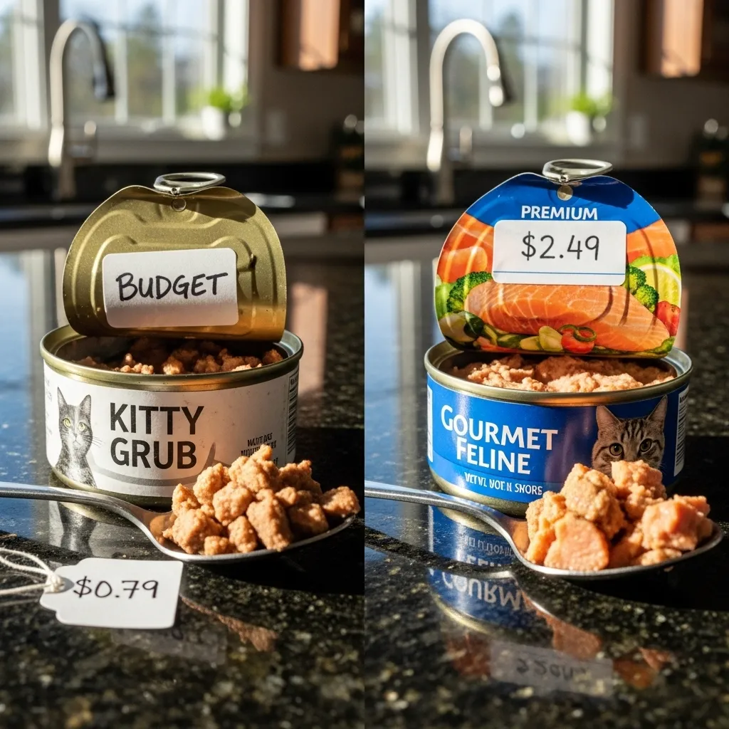 Cost difference between budget and premium wet cat food in 2025)