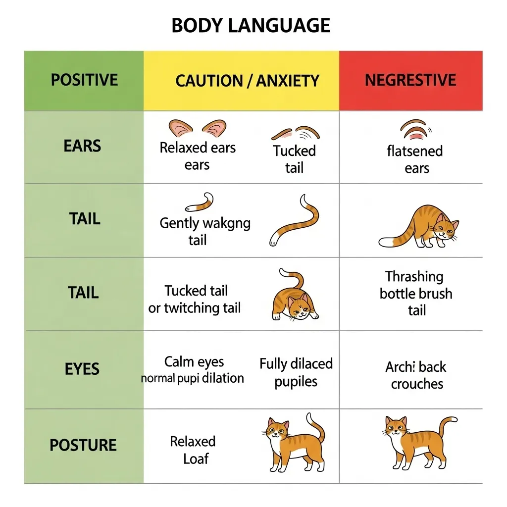 Cat body language guide showing relaxed, nervous, and fearful signals