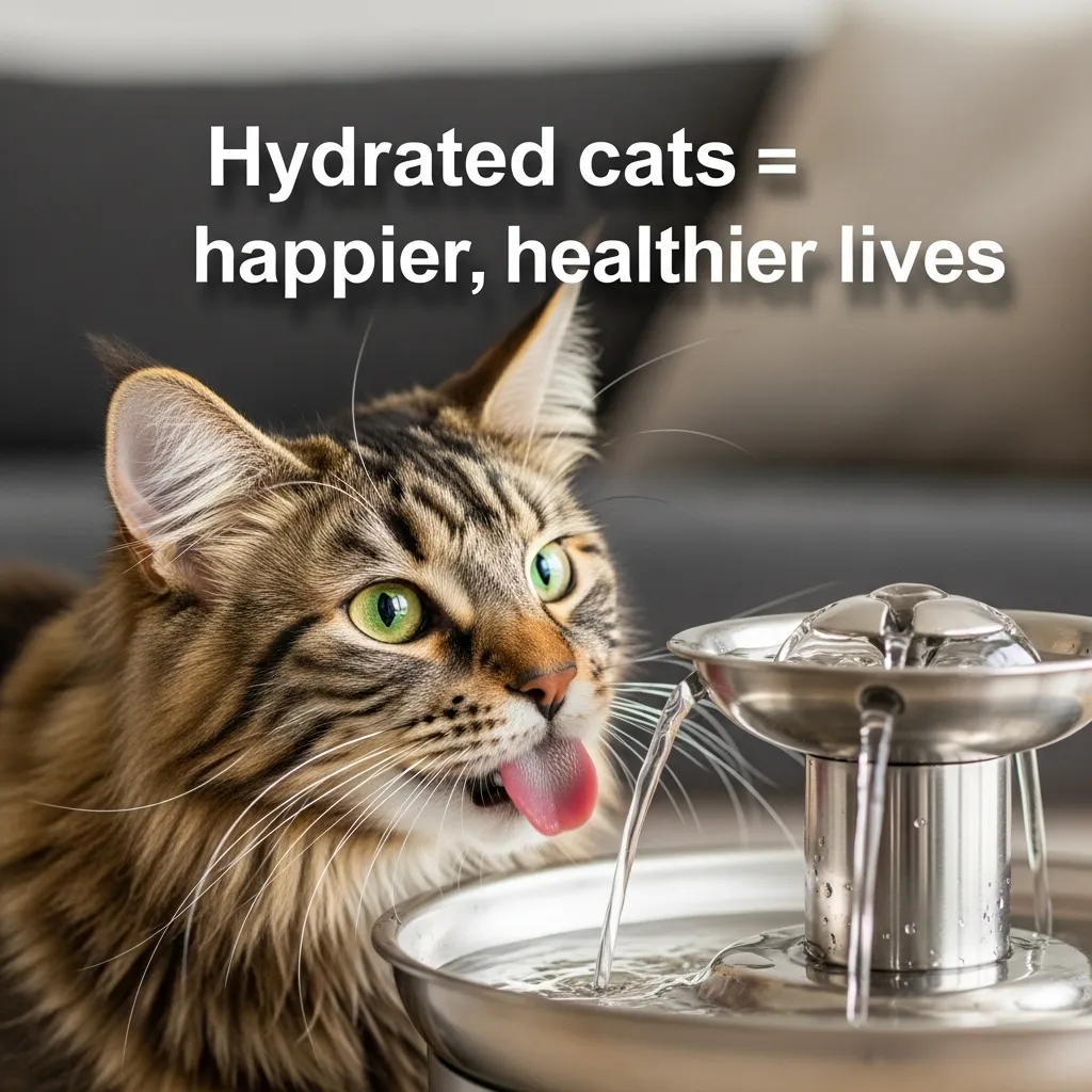 Cat happily drinking from water fountain – proper hydration prevents serious illness”