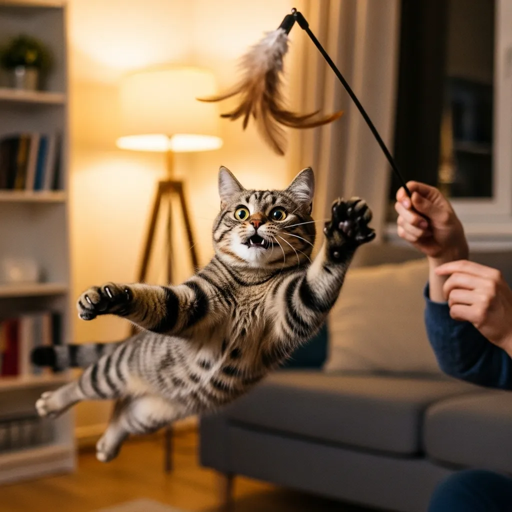 Intense pre-bedtime play session to tire out a hyper cat before night