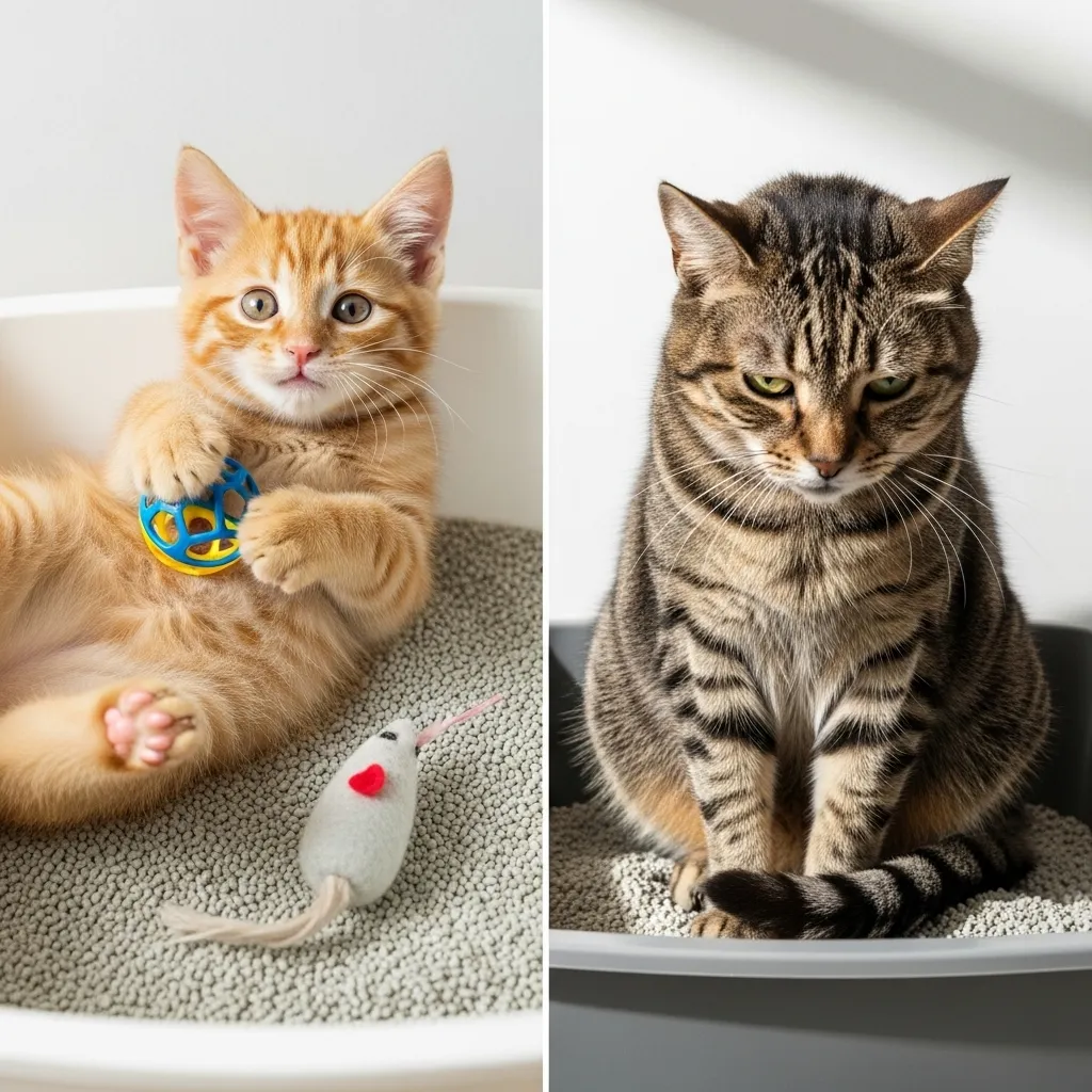 Kitten playing in litter box vs senior cat showing possible pain – know the difference