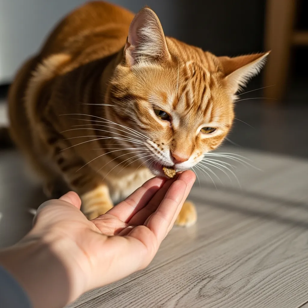  Proper way to offer treats to a fearful cat hand low and non-threatening