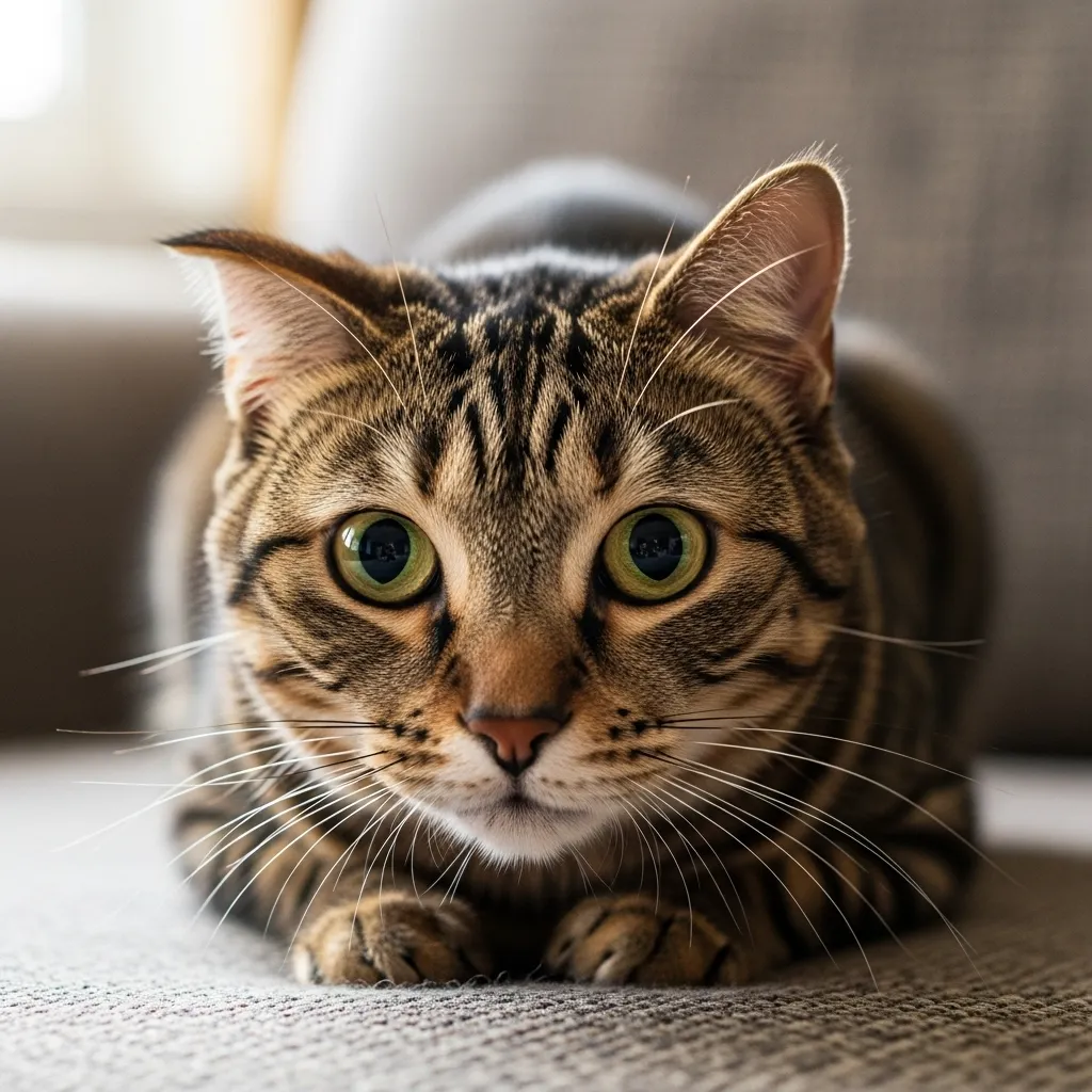 Cat showing clear signs of fear  dilated pupils and flattened ears