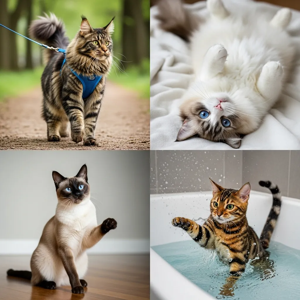 Four classic examples of cats acting like dogs  harness walking, belly rubs, giving paw, loving water